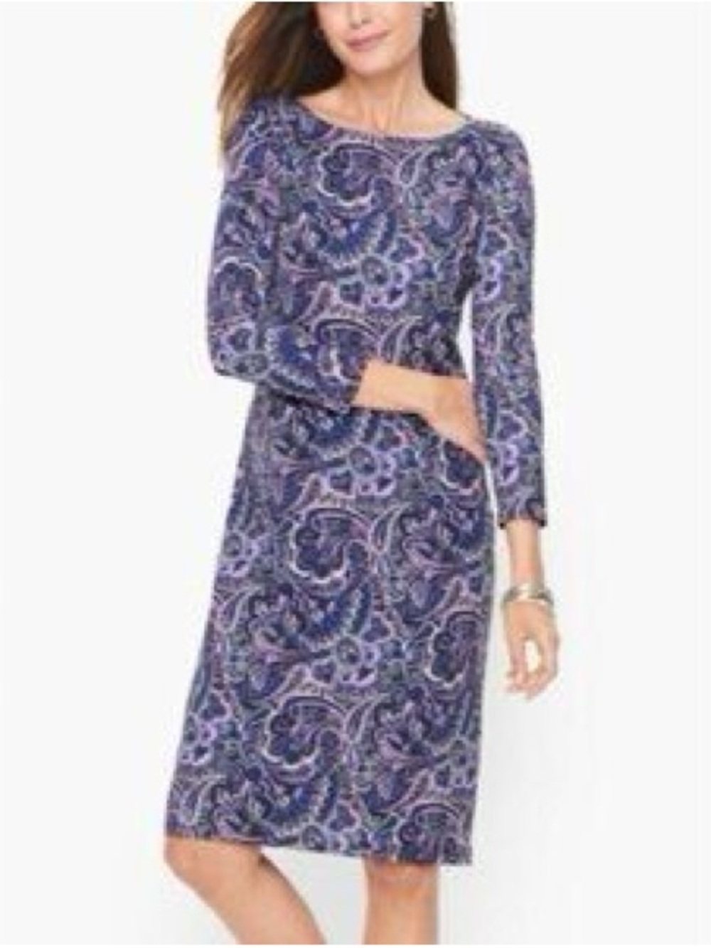 Talbots Women’s Paisley Knit Shift Dress Medium Purple Blue Pink 3/4 Sleeve NWOT